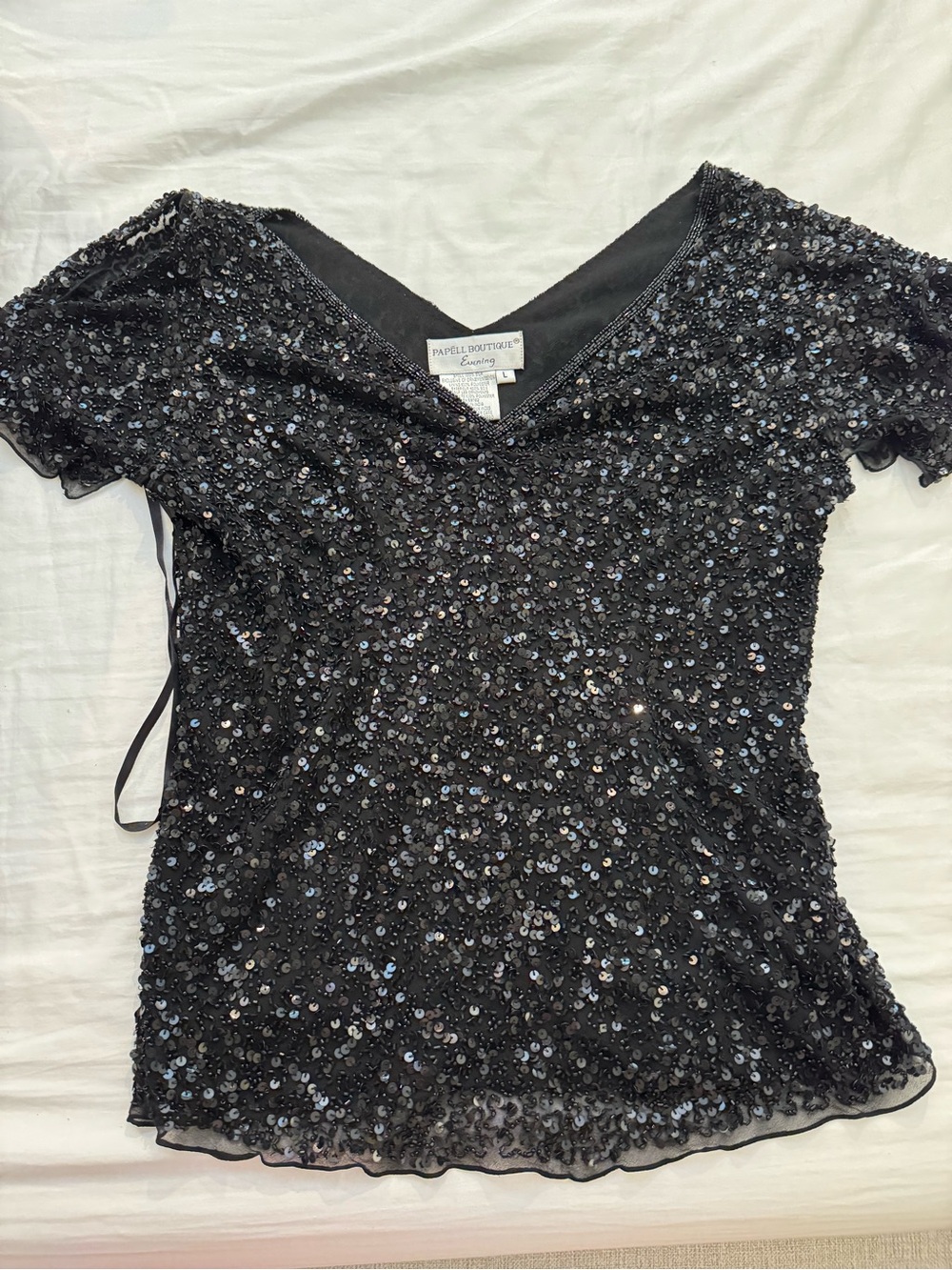 Papell Boutique Black Sequin V-Neck Top
